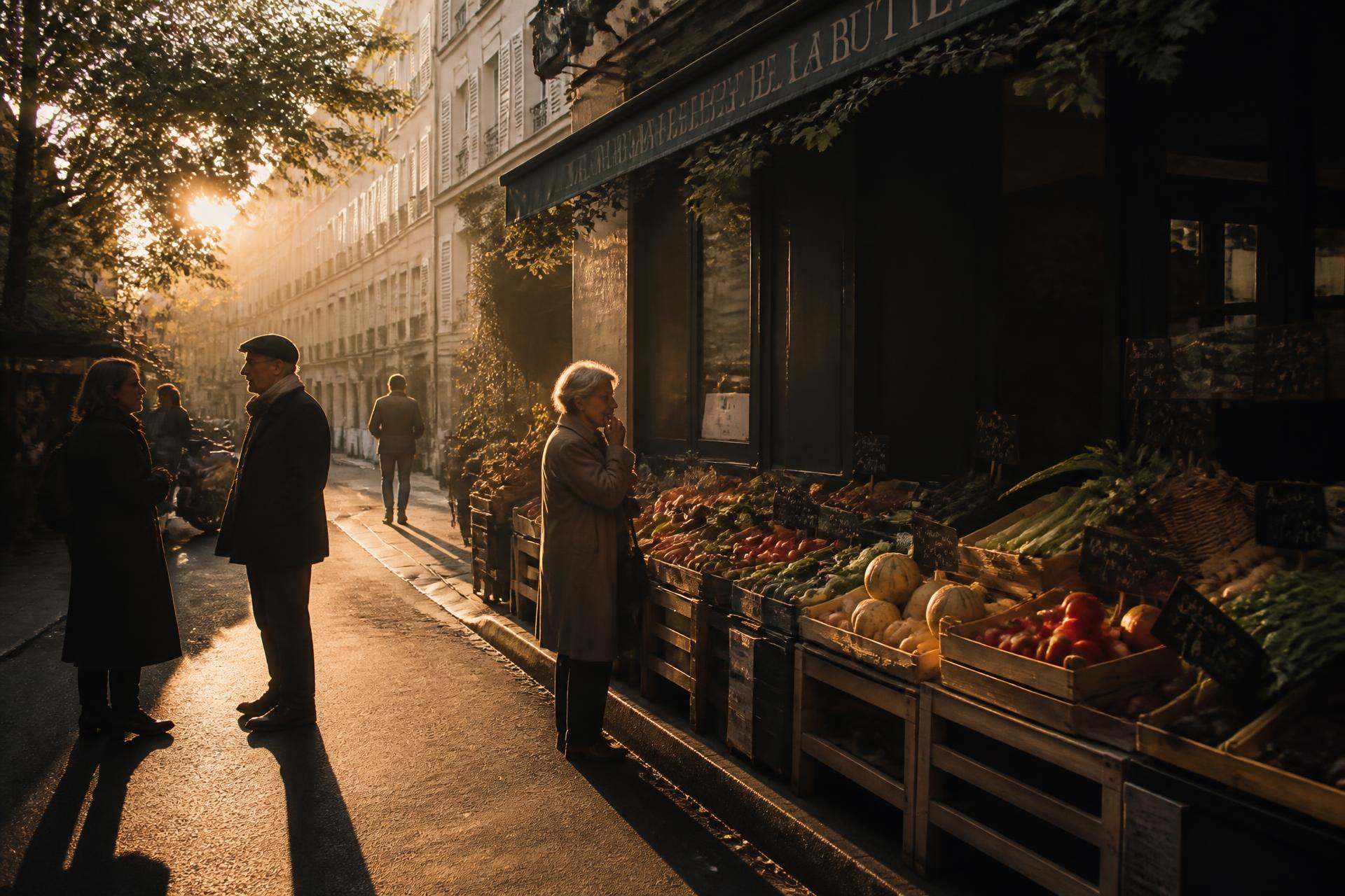 Marché de quartier parisien au lever du jour